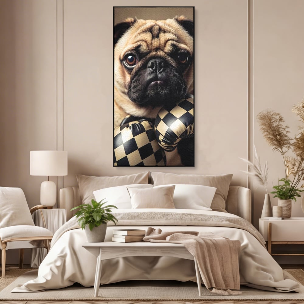 Tablou canvas cu tablou canvas cu pug in manusi de box, in rama de aluminiu negru, pe perete intr-un dormitor